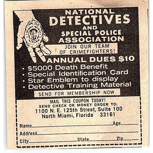National Detectives and Special Police Association North Miami FL 1974 Ad AG1-M7