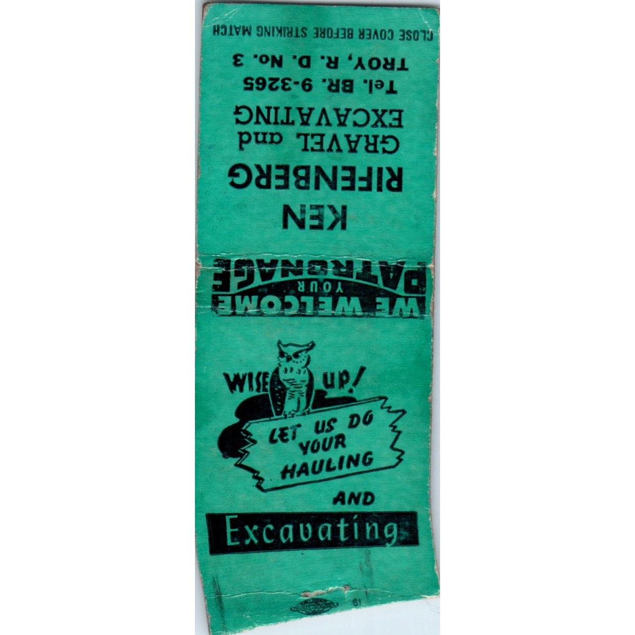 Ken Riffenberg Gravel and Excavating Troy, R.D. Vintage Matchbook Cover SD2-Y1