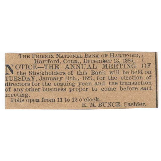 Phoenix National Bank E.M. Bunce Hartford 1886 Newspaper Ad AF7-SS8