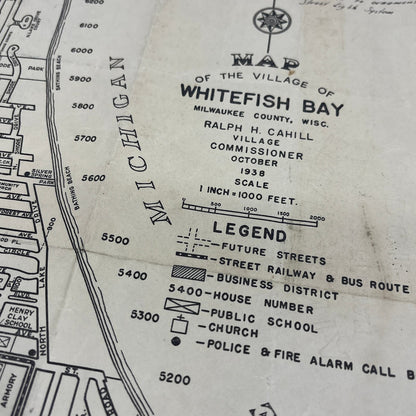 1938 Map of the Village of Whitefish Bay Milwaukee County Wisconsin 11x14 D10