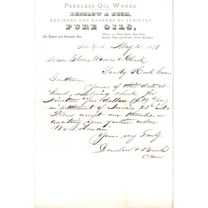 1878 Densow & Bush Peerless Oil Works New York Receipt Letterhead D24