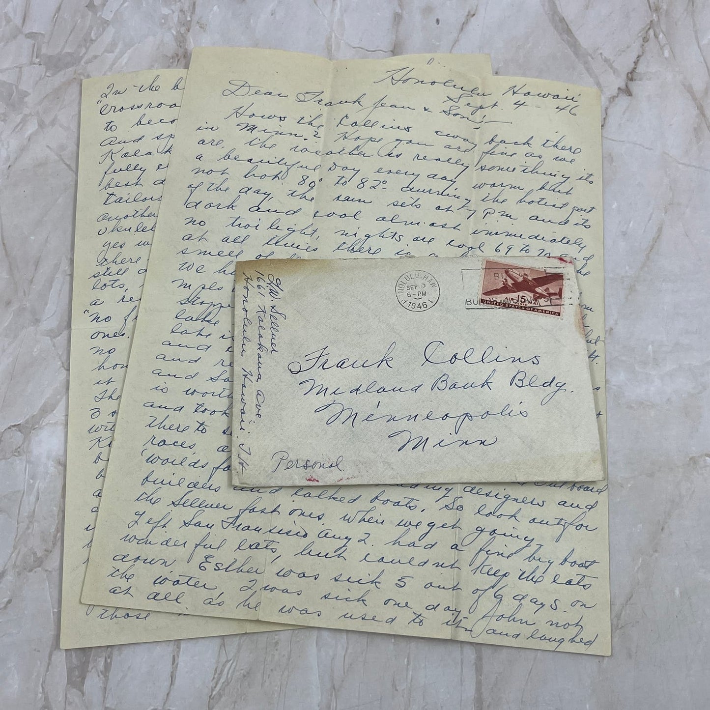 1946 WWII Handwritten Letter Honolulu HI to Minneapolis MN AE3