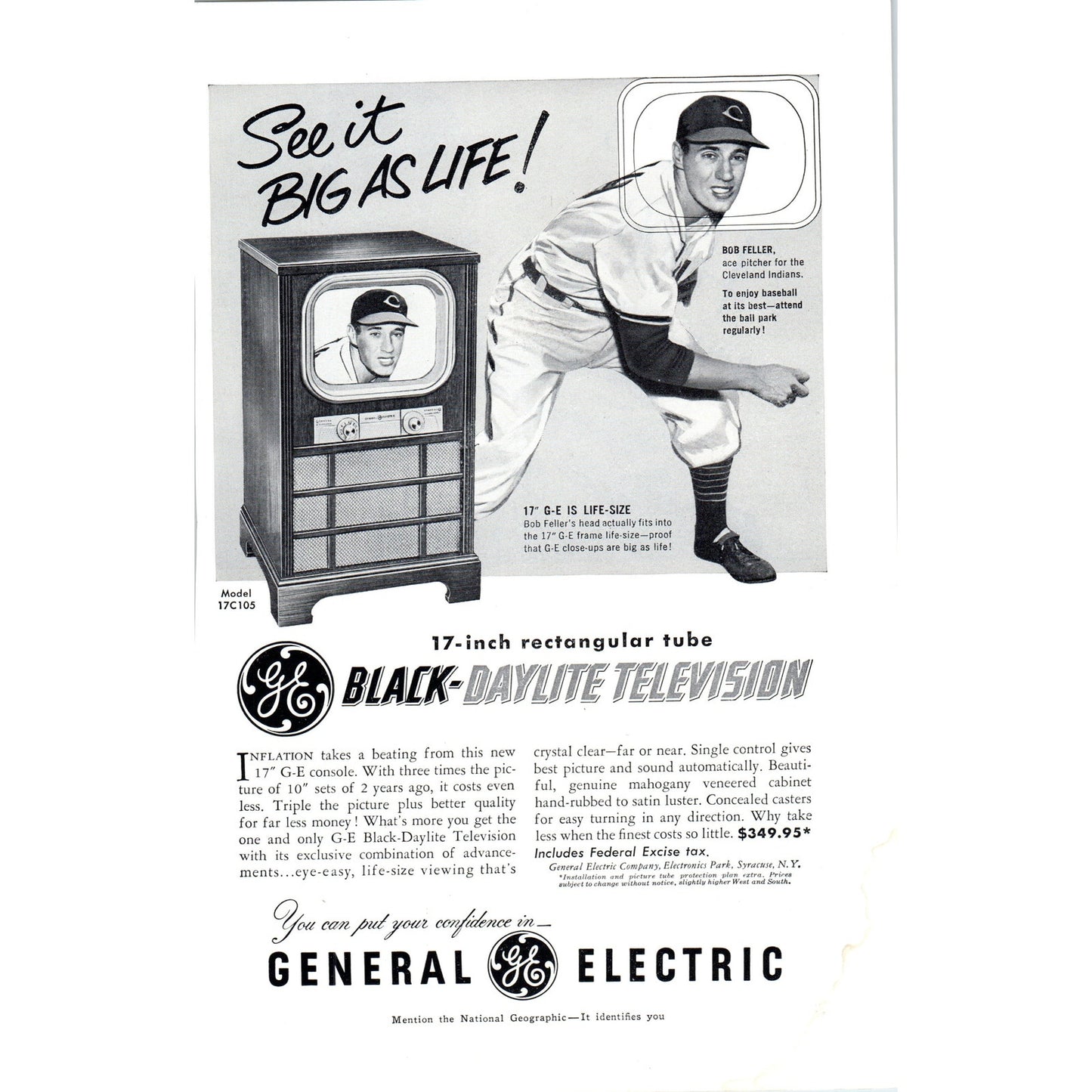 GE General Electric Bob Feller MLB Television TV Teleset Vintage Magazine Ad D20