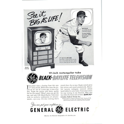 GE General Electric Bob Feller MLB Television TV Teleset Vintage Magazine Ad D20