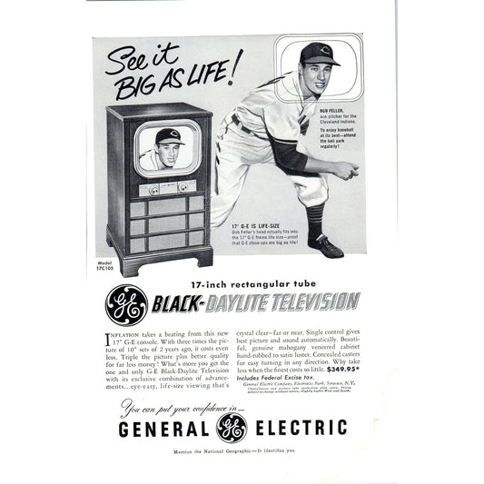 GE General Electric Bob Feller MLB Television TV Teleset Vintage Magazine Ad D20