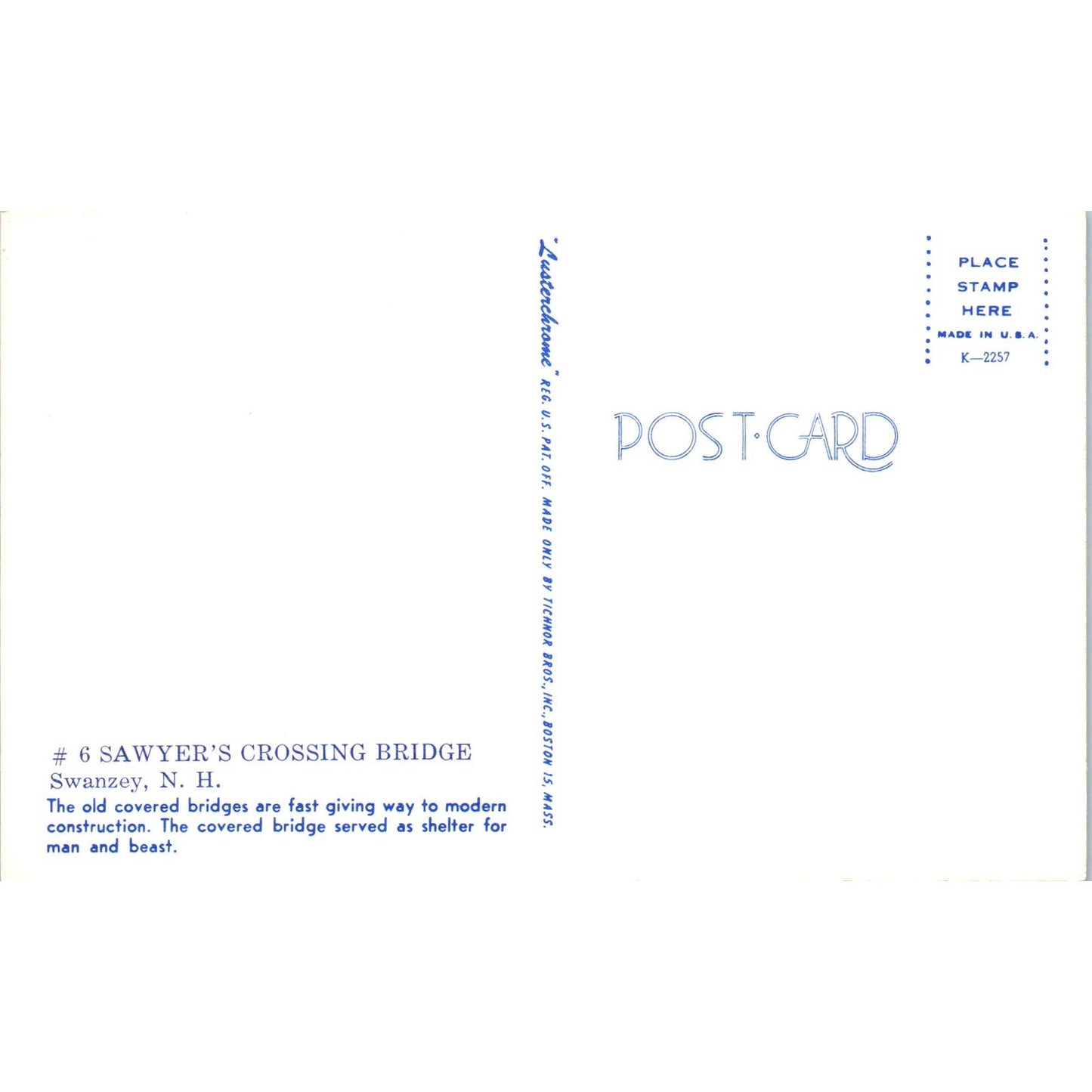 Sawyer's Crossing Bridge #6 Swanzey New Hampshire Covered Bridge Postcard PC3