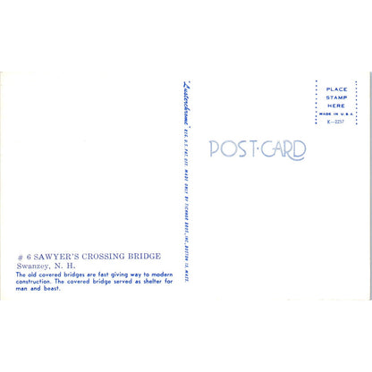 Sawyer's Crossing Bridge #6 Swanzey New Hampshire Covered Bridge Postcard PC3