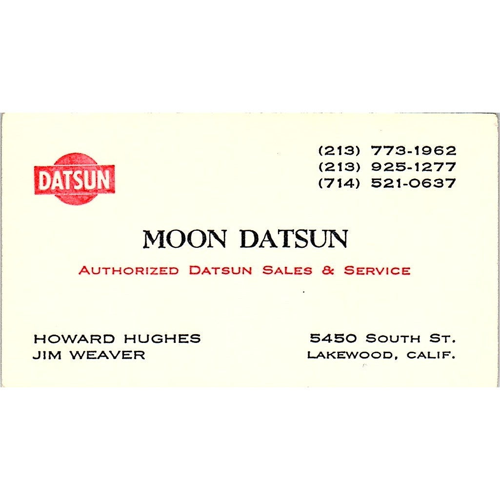 Howard Hughes Jim Weaver Moon Datsun Lakewood CA Vintage Business Card SD9-B9