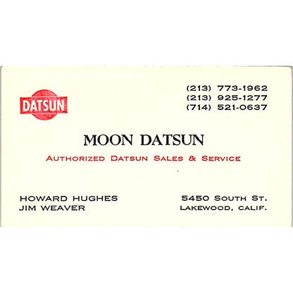 Howard Hughes Jim Weaver Moon Datsun Lakewood CA Vintage Business Card SD9-B9