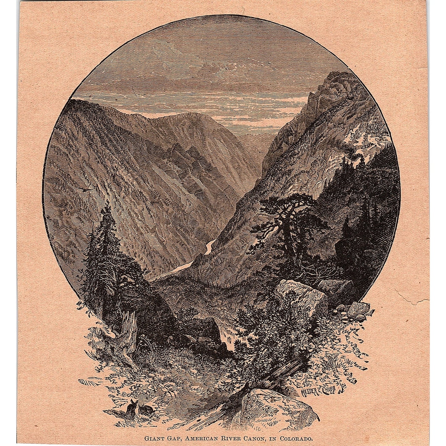 Giant Gap, American River Canon in Colorado 1894 Art Engraving AG4-8