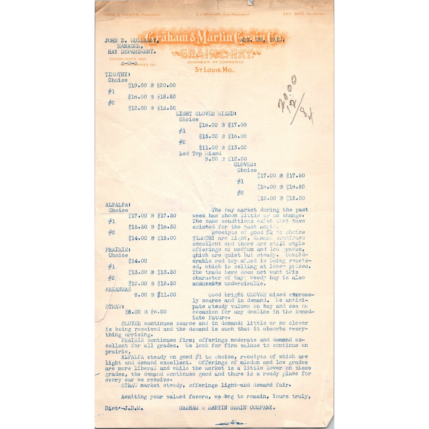 Graham & Martin Grain Co St. Louis MO 1912 Letterhead Billhead K24