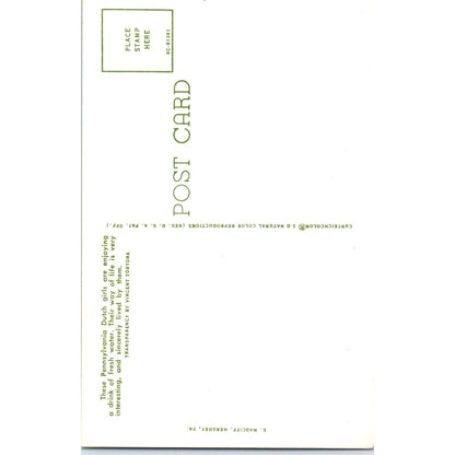 Amish Girls Enjoy a Drink of Water Pennsylvania Dutch Country Postcard PD7