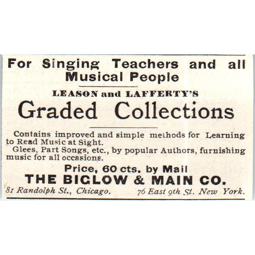 The Bigelow & Main Co Music Collections for Teachers c1890 Victorian Ad AE8-CH9