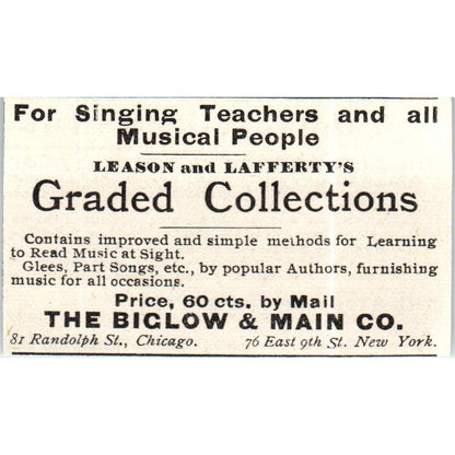The Bigelow & Main Co Music Collections for Teachers c1890 Victorian Ad AE8-CH9