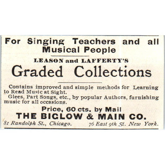 The Bigelow & Main Co Music Collections for Teachers c1890 Victorian Ad AE8-CH9