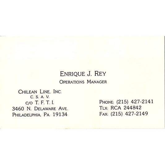 Enrique J Rey Chilean Line Inc Philadelphia Vintage Business Card SC9-B2
