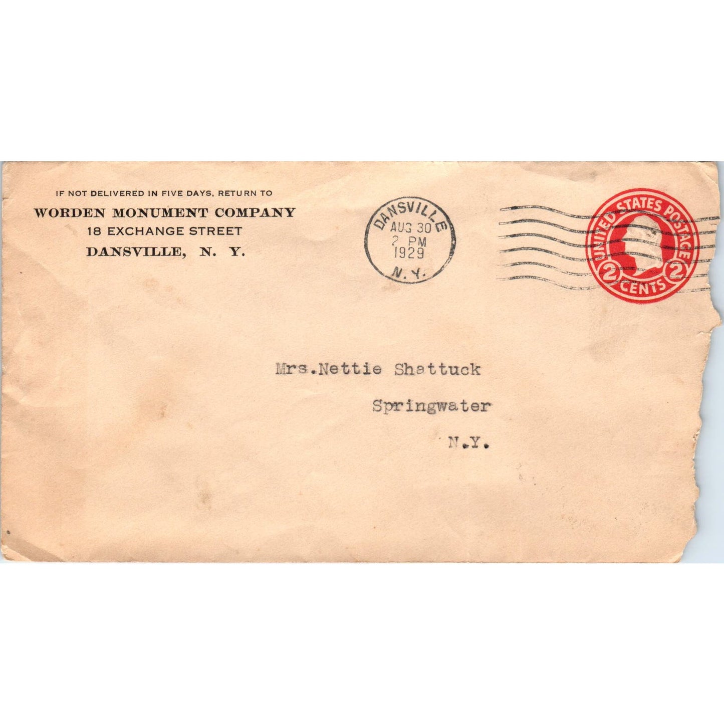 1929 Worden Monument Company Dansville NY Postal Cover Envelope AE6