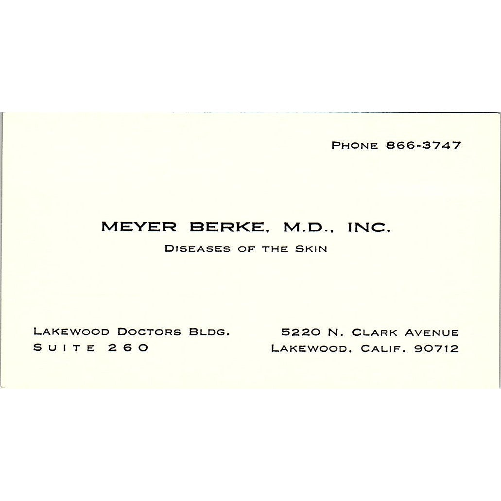 Meye Berke Diseases Of The Skin Lakewood CA Vintage Business Card SB4-B1
