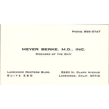 Meye Berke Diseases Of The Skin Lakewood CA Vintage Business Card SB4-B1