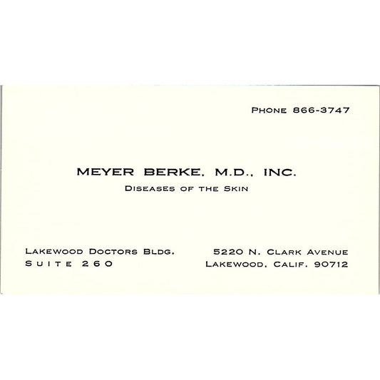Meye Berke Diseases Of The Skin Lakewood CA Vintage Business Card SB4-B1