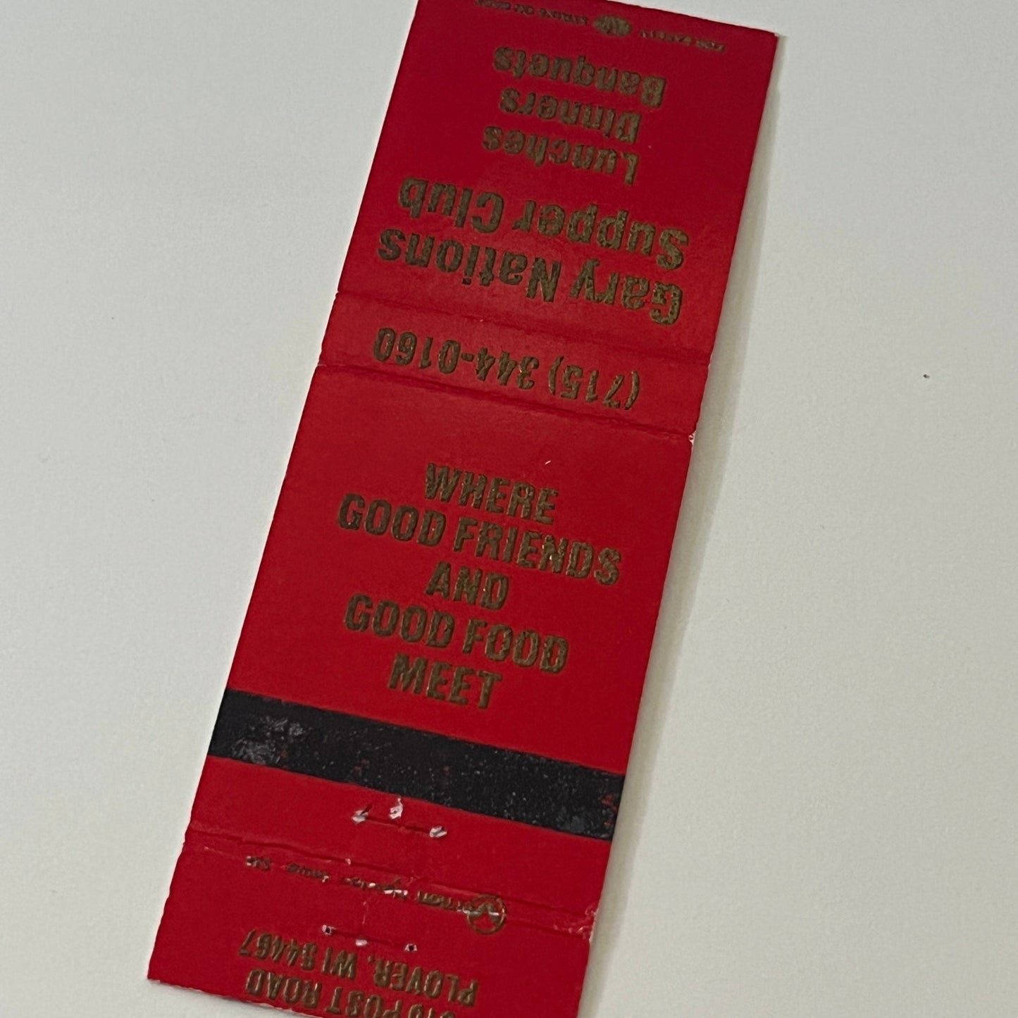 Gary Nations Supper Club Plover WI Vintage Matchbook Cover TB6-MB2-6