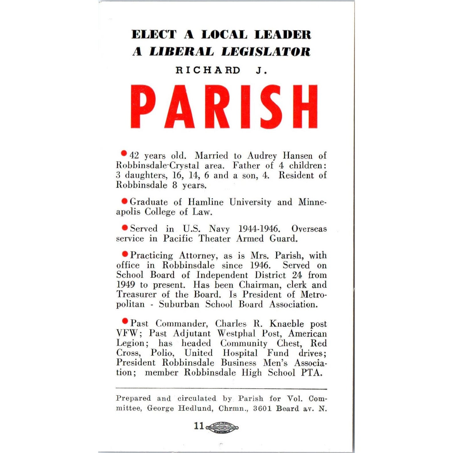 c1950 Richard J. Parish MN 36th District Representative Political Ad Card AE2
