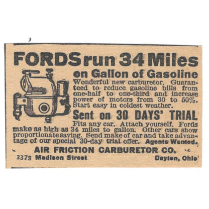 Air Friction Carburetor Co Ford Gas Mileage Dayton OH 1922 Magazine Ad AF2-T7
