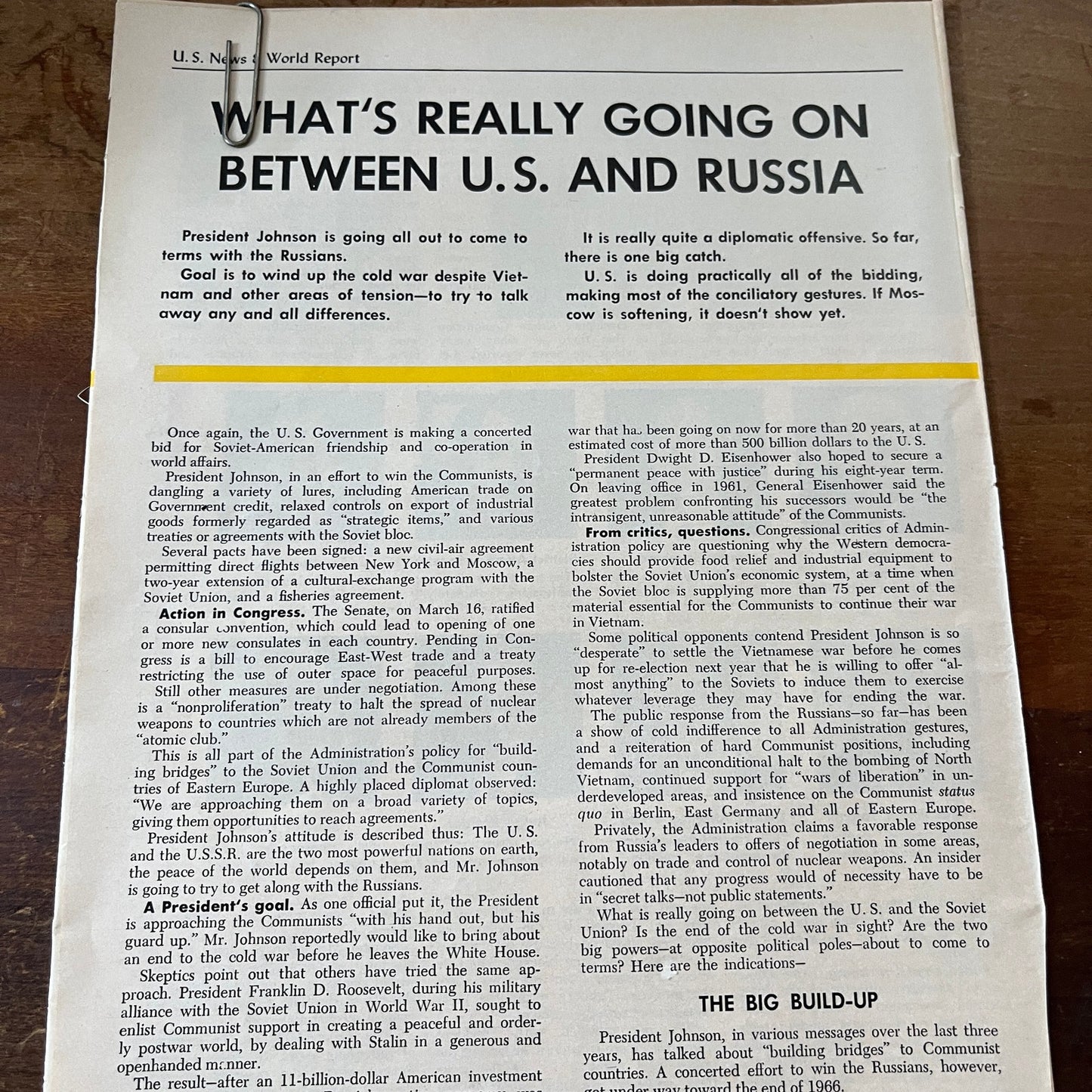 US and Russia Relations - Lyndon Johnson - Cold War 2 Pages 1967 Article AG1-15
