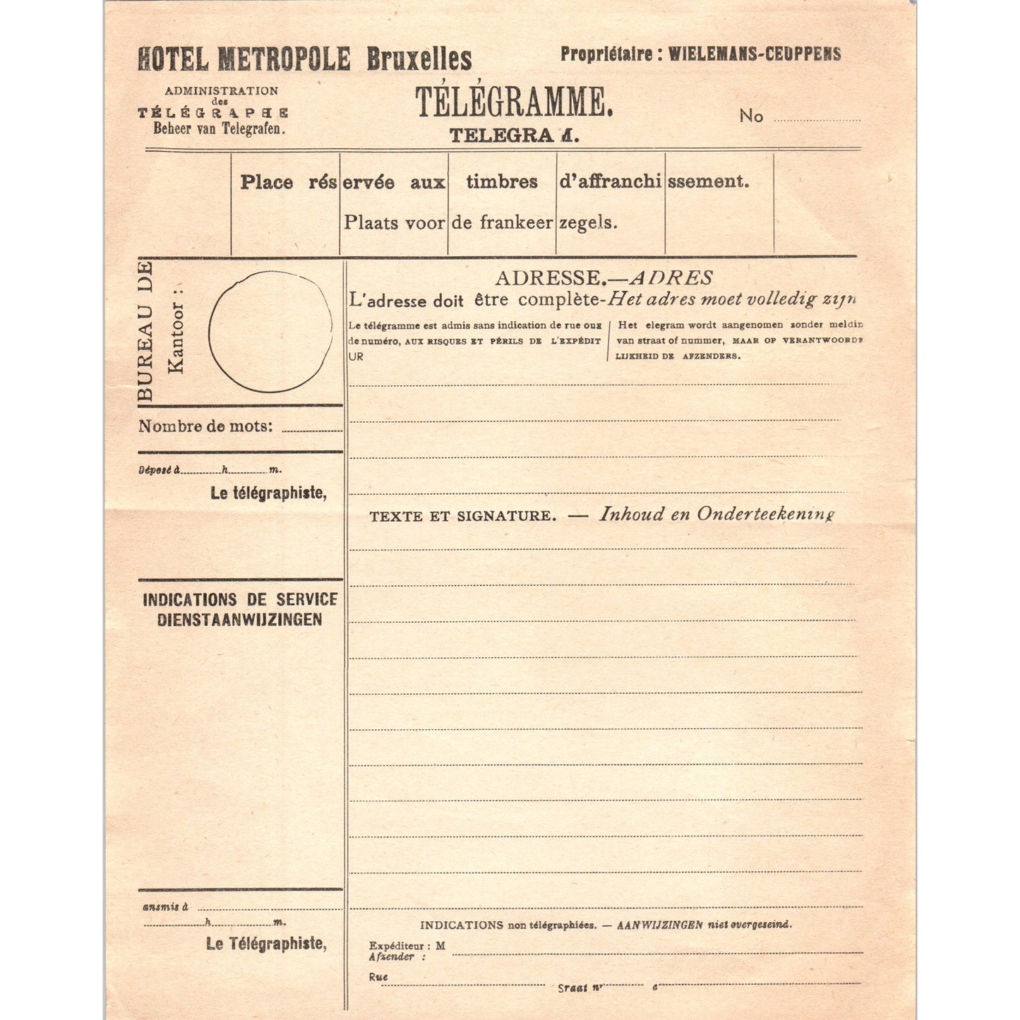 1960s Hotel Brussels Bruxelles Blank Telegram Form AF7-E10