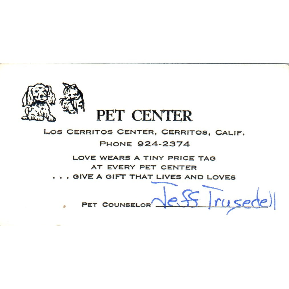 Pet Center Jeff Trusedell Cerritos CA Vintage Business Card SD8-B15