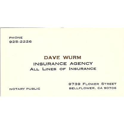 Dave Wurm Ins Agency Bellflower CA Vintage Business Card SD9-B9