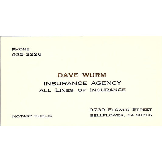 Dave Wurm Ins Agency Bellflower CA Vintage Business Card SD9-B9