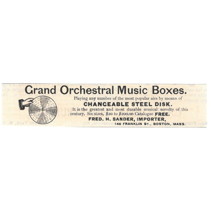 Grand Orchestral Music Boxes Fred H. Sander Boston c1890 Victorian Ad AE8-CH13