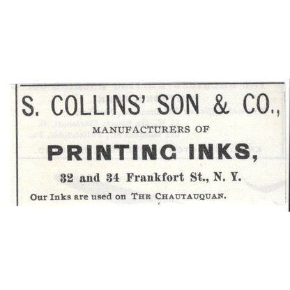 S. Collins' Son & Co Printing Inks 32 and 34 Frankfort St NY 1892 Ad AG2-S20