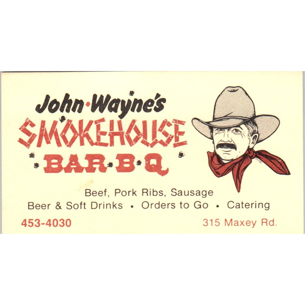 John Wayne's Smokehouse BBQ Houston Texas Vintage Business Card SD8-B6