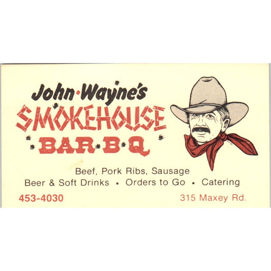 John Wayne's Smokehouse BBQ Houston Texas Vintage Business Card SD8-B6