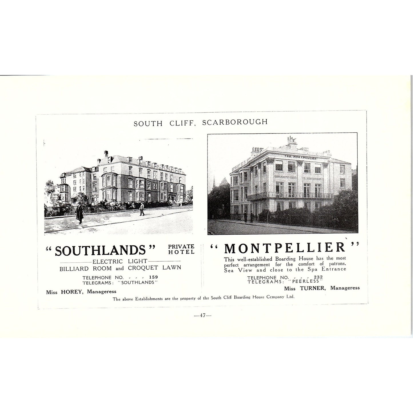 Southlands Private Hotel, Montpellier South Cliff Scarborough c1910 Ad AF3-9