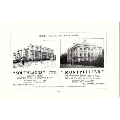 Southlands Private Hotel, Montpellier South Cliff Scarborough c1910 Ad AF3-9