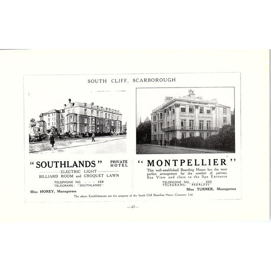 Southlands Private Hotel, Montpellier South Cliff Scarborough c1910 Ad AF3-9