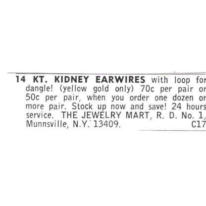 The Jewelry Mart Kidney Earwires Munnsville NY 1972 Ad AF8-S18