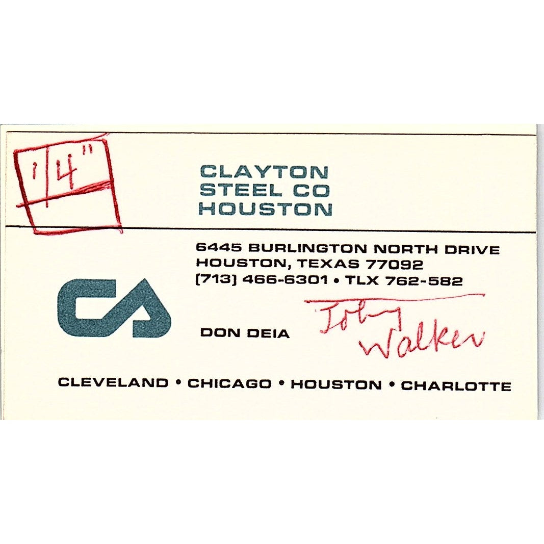 Don Deia Clayton Steel Co Houston TX Vintage Business Card SC9-B12