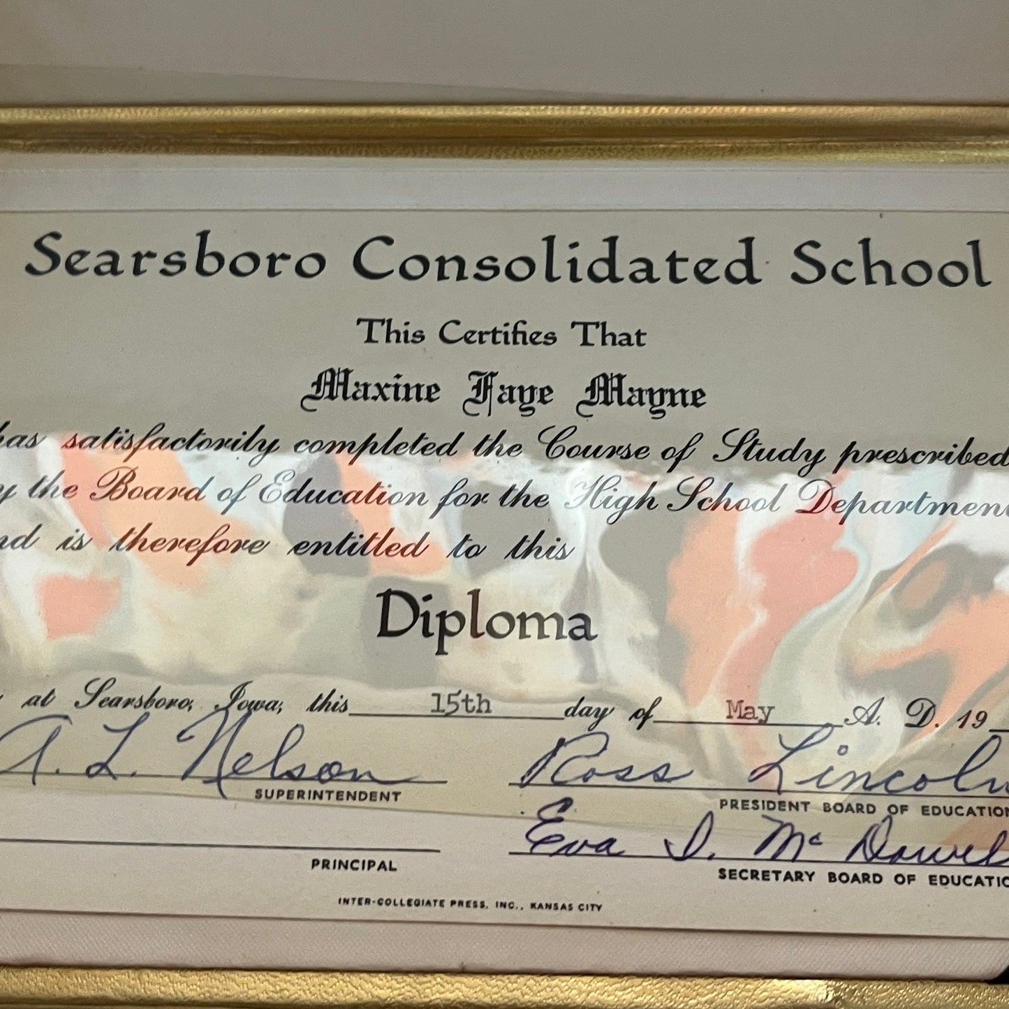 1950s Maxine Faye Mayne Searsboro Iowa Consolidated School Diploma Ephemera TK2