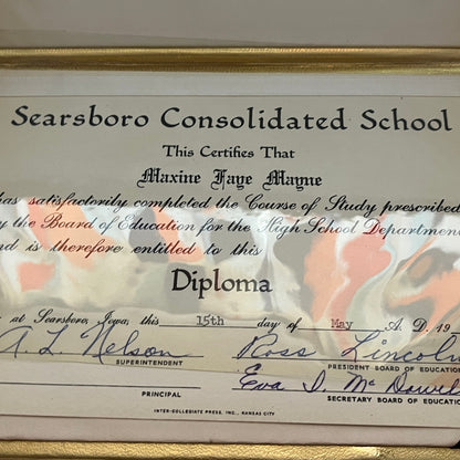 1950s Maxine Faye Mayne Searsboro Iowa Consolidated School Diploma Ephemera TK2