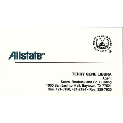 Terry Gene Libbra Baytown TX Allstate Ins Vintage Business Card SE3-B15
