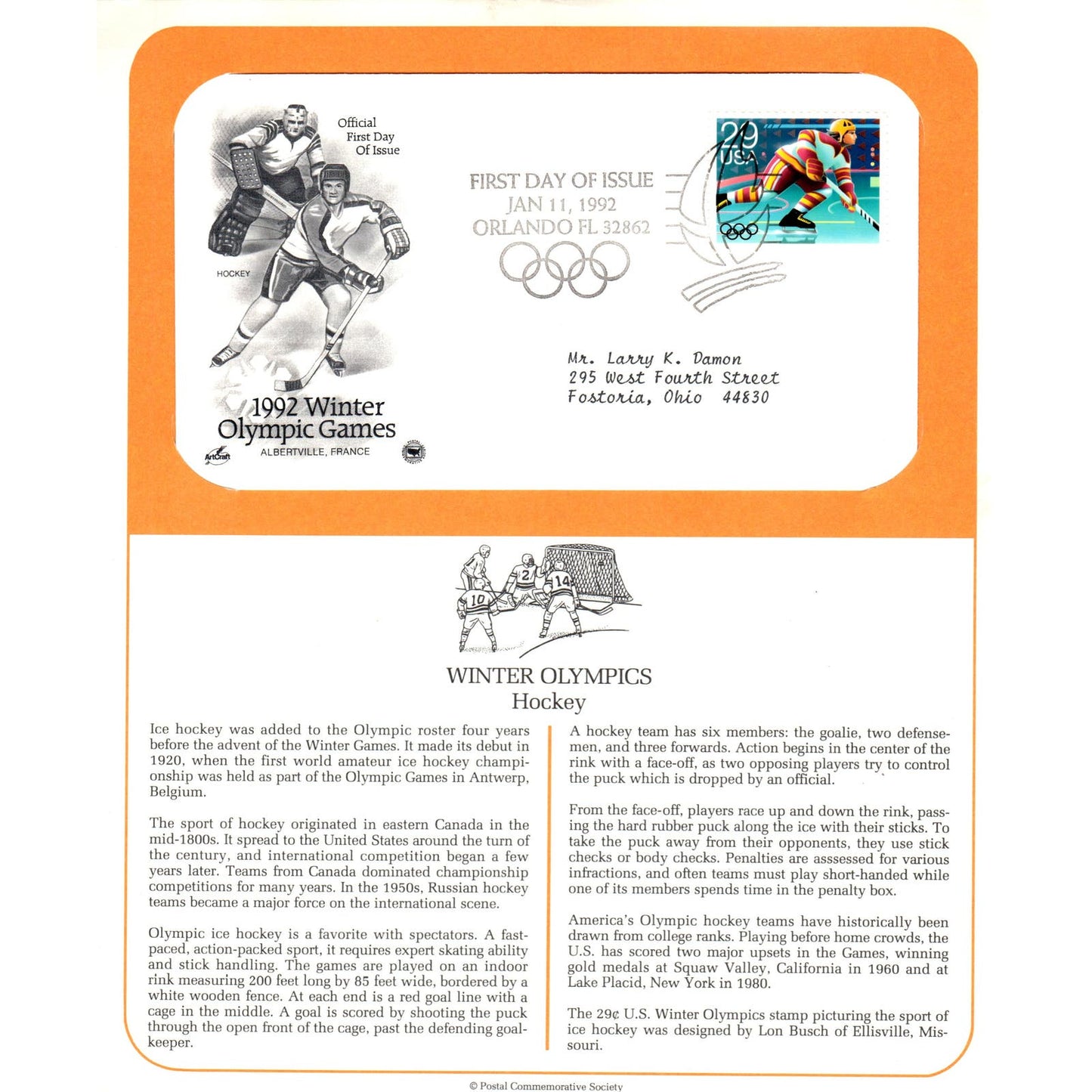 1992 US First Day Cover, 29 Cent Winter Olympics Hockey D10