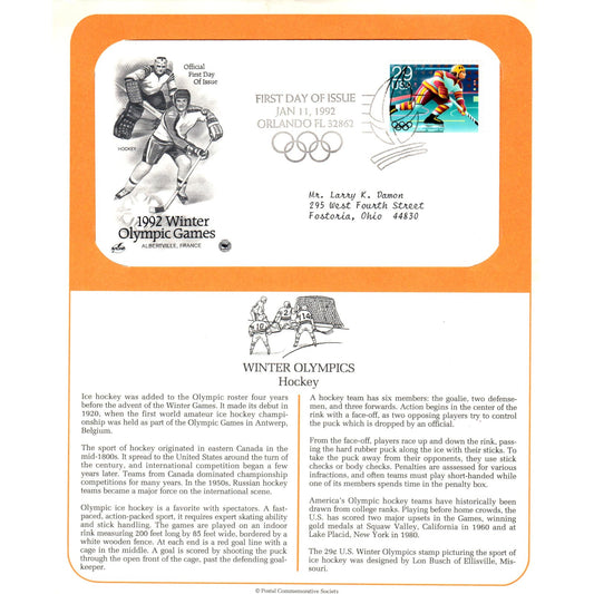 1992 US First Day Cover, 29 Cent Winter Olympics Hockey D10