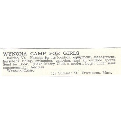 Wynona Camp for Girls Fairlee VT c1918 Original Magazine Advertisement AE5-SA11