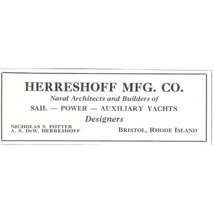 Nicholas S Potter A.S. DeW. Herreshoff Mfg Co Yachts Bristol RI 1932 Ad AG2-M20