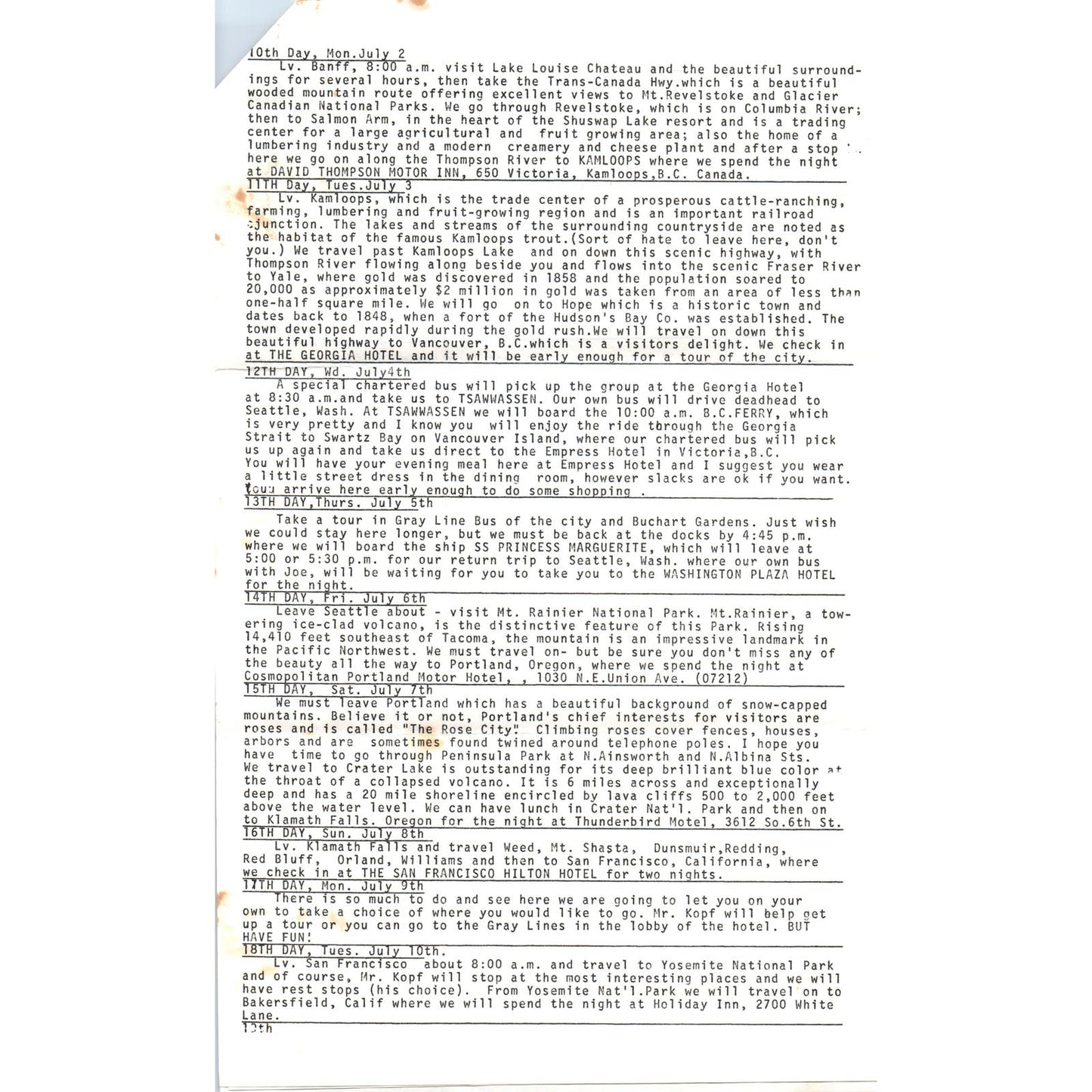 1973 Wilson Travel Club's Pacific Northwest Tour Travel Itinerary AE8