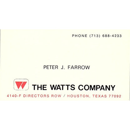 The Watts Company  Peter  J Farrow Houston Texas Vintage Business Card SB4-B9